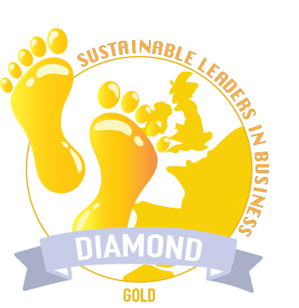 Yellow award logo badge: footprints stepping over a circle with 'SUSTAINABLE LEADERS IN BUSINESS' around the edge, a blue ribbon across the bottom reading 'DIAMOND', and the word 'GOLD' beneath.